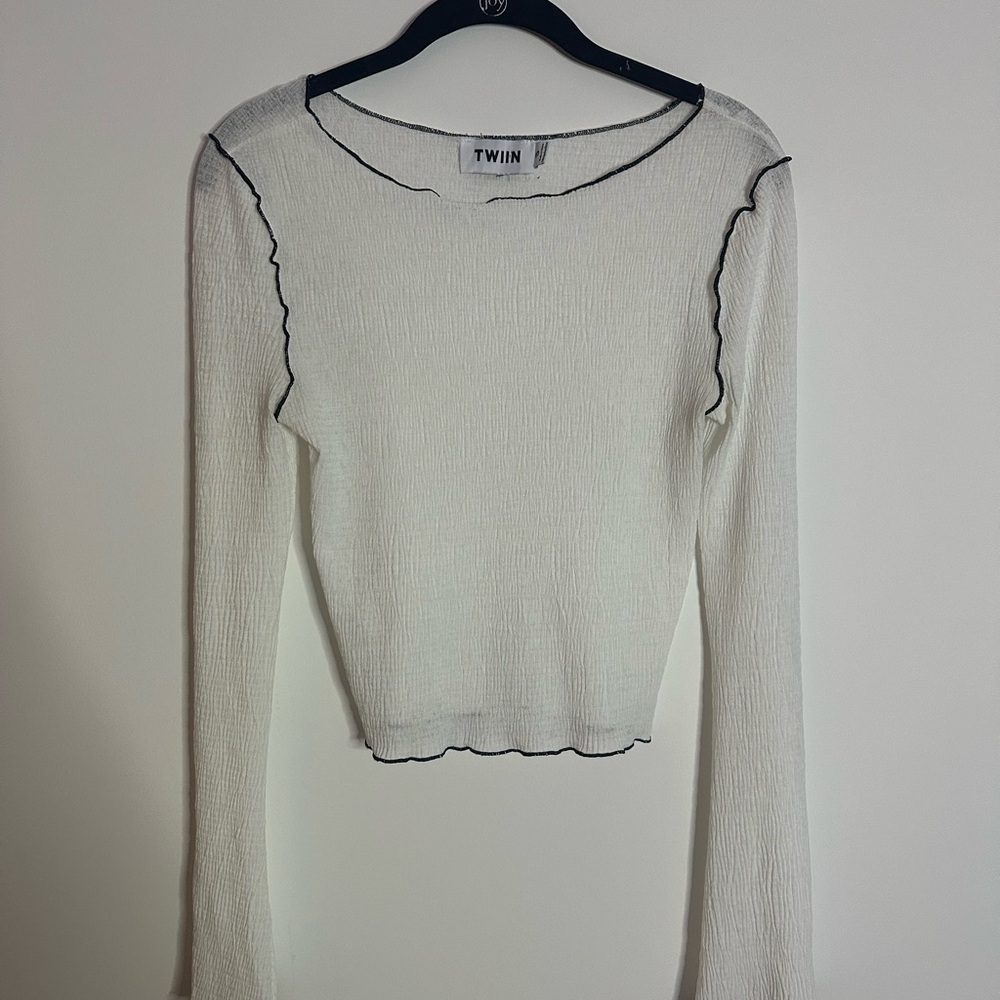 Princess Polly Twiin Sheer White Long Sleeve Blouse with Black Trim